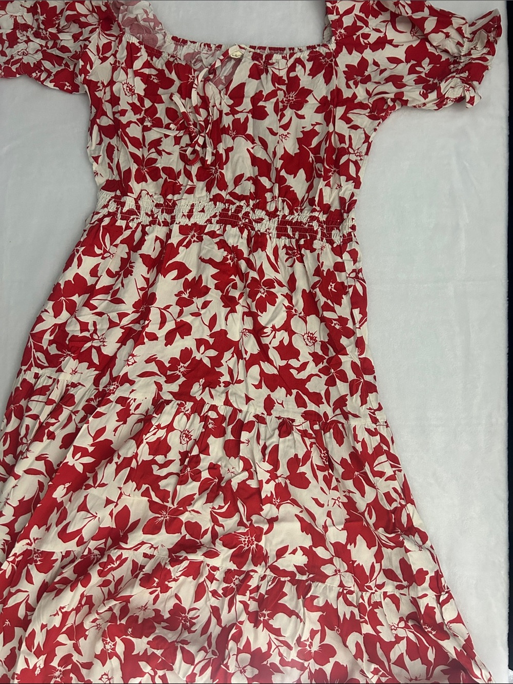 Off-Shoulder Red Floral Midi Dress in White